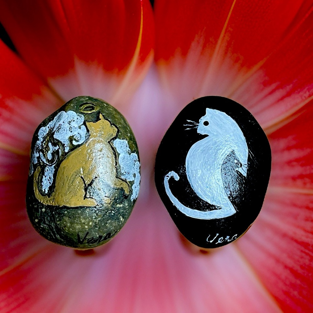 Hand crafted painted black white cat rock Brown angel cat natural background